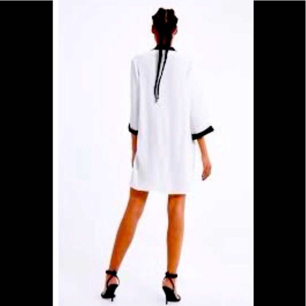 NWT Zara White Tunic Dress with Black Scarf Tie - Picture 2 of 5